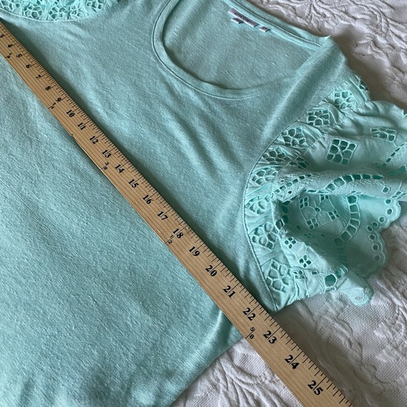 CHICO'S Teal Blue Flutter Eyelet Sleeve 100% Linen Knit Top Tee Shirt‎ Large  2 - Picture 6 of 11
